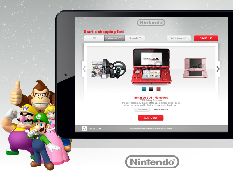 We designed an online Holiday Shopping List to be used on iPad devices at all the Nintendo stores.